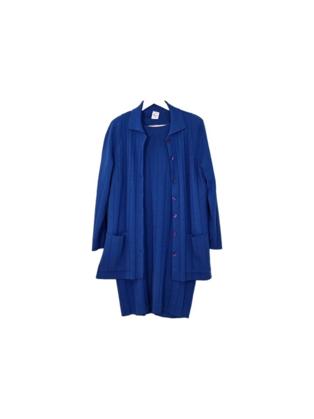 ​VTG Kasha de Rodier 2 Piece Dress Cardigan Knit Set L Cobalt Blue Ribbed 80s